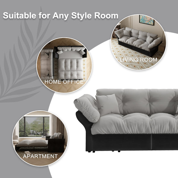 English Elm 74.4" Queen Velvet Sleeper Sofa Artisan Floral Tufted Cushions Converts for Guest Rooms Grey W1885S00170
