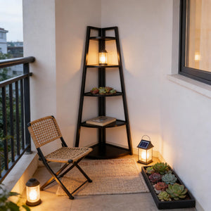 English Elm Tall 5 Tier Corner Ladder Bookshelf with Metal Frame for Living Room Storage T3971P453200