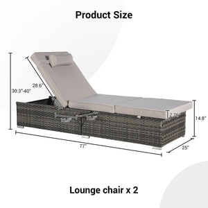 English Elm Outdoor Chaise Lounge Chair Set Of 2 - Adjustable Rattan Recliners With Cushions & Side Table W874P266308