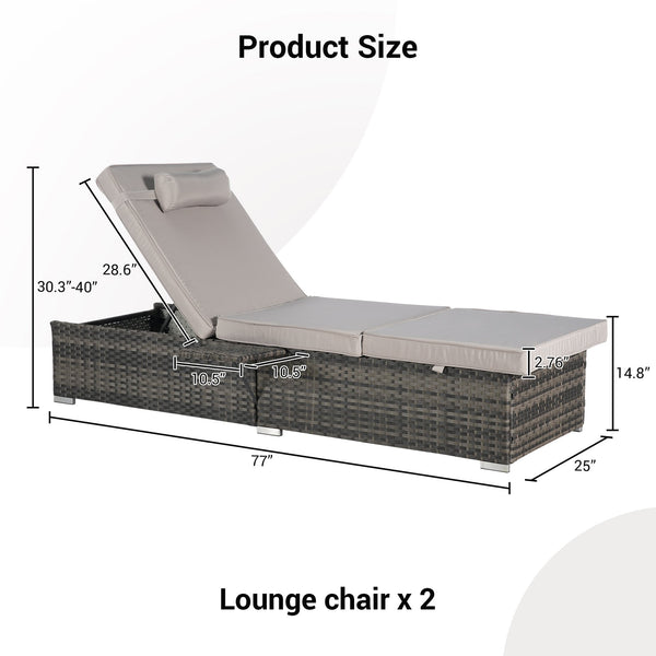 English Elm Outdoor Chaise Lounge Chair Set Of 2 - Adjustable Rattan Recliners With Cushions & Side Table W874P266308