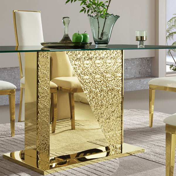 English Elm Gold Stainless Steel Dining Table With 70.08" Black Tempered Glass Top - Modern Elegance Redefined! W2723S00044