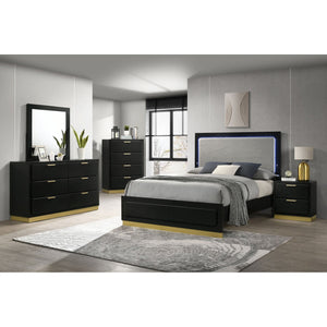 English Elm Sophia Modern Black Eastern King Panel Bed with Light Grey Upholstered LED Headboard & Gold Accents B062S01056