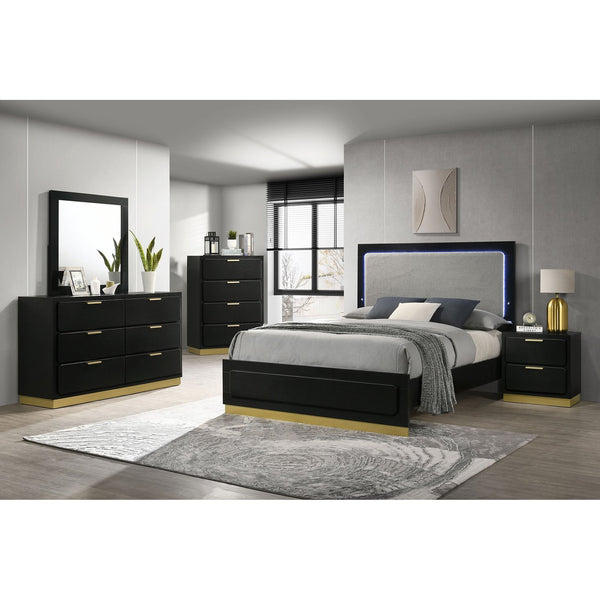 English Elm Sophia Modern Black Eastern King Panel Bed with Light Grey Upholstered LED Headboard & Gold Accents B062S01056