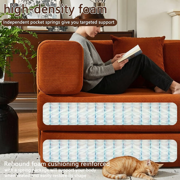 English Elm Convertible Corduroy Floor Sofa with Folding Sleeper and Bolster Pillow for Apartments Orange W5638P460470