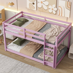 English Elm Solid Twin over Twin Floor Bunk Bed Pink – Solid Rubberwood Low-Height Platform with Ladder, Sturdy Slats, 200lb Capacity and Versatile Under-Bed Space for Kids Rooms (46.6"H x 77.3"L) W504P208048