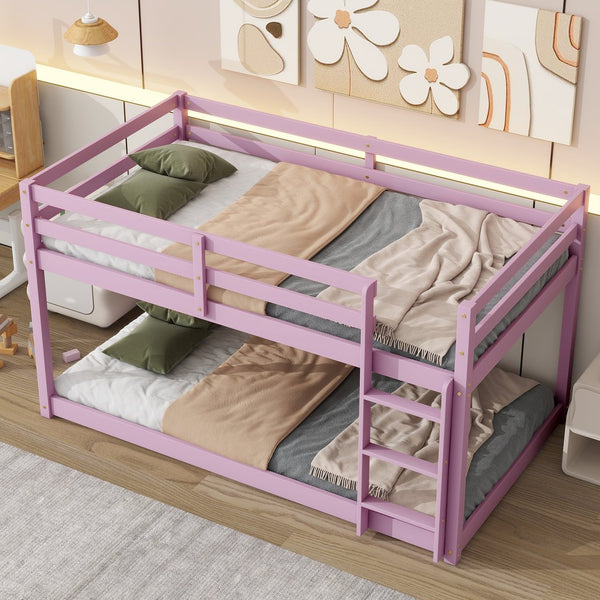 English Elm Solid Twin over Twin Floor Bunk Bed Pink – Solid Rubberwood Low-Height Platform with Ladder, Sturdy Slats, 200lb Capacity and Versatile Under-Bed Space for Kids Rooms (46.6"H x 77.3"L) W504P208048