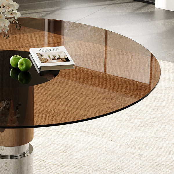 English Elm 35-inch Tempered Glass Round Dining Table Steel Base Seats Four Apartment Bistro W509S00161