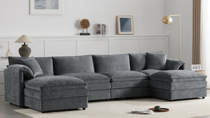 English Elm [new U-shaped Chenille Cloud Sectional 6 Seat Modular Sofa with Movable Ottoman Dark Gray N723S6546B