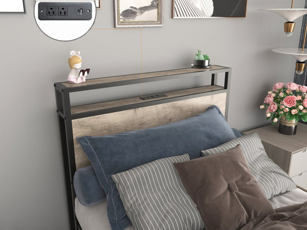 English Elm Twin Bed Frame with Storage Headboard, USB Charging, RGB LED Lights, 4 Drawers, Sturdy Gray Wash W2129P272269