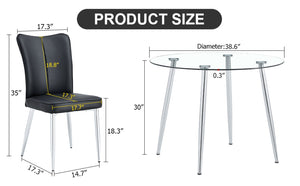 English Elm Table And Chair Set - Modern 38.6" Glass Dining Table With Silver Legs & 4 Stylish Black Pu Chairs W1151S03821-GIGA