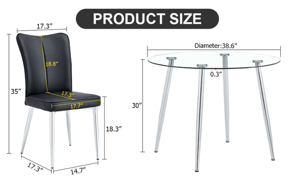English Elm Table And Chair Set - Modern 38.6" Glass Dining Table With Silver Legs & 4 Stylish Black Pu Chairs W1151S03821-GIGA