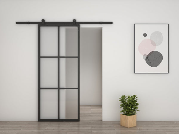 English Elm 30 in Matte Black Steel Sliding Barn Door Frosted Glass Privacy Panel with Hardware B2763P483217