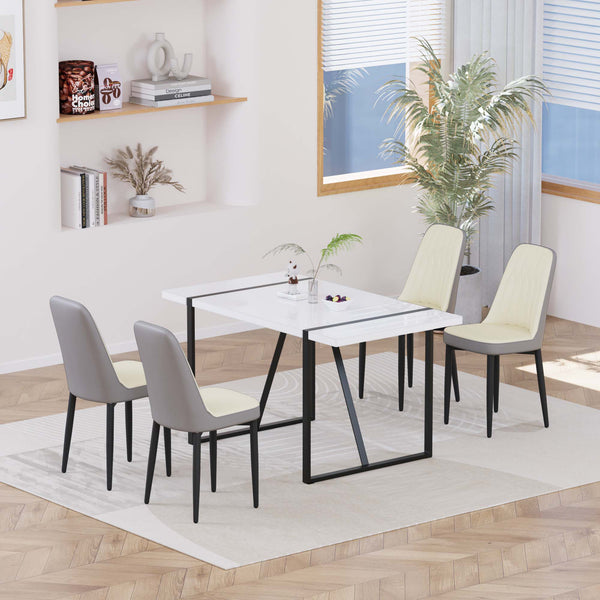 English Elm 55 Modern 4-Person MDF Dining Table Set with Sturdy Black Metal Legs and Padded PU Chairs for Families Beige+Grey,White W2189S00732