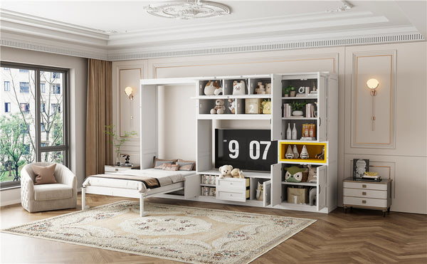 English Elm Twin Murphy Wall Bed with Integrated Tv Stand Open Shelving and Cabinet Storage LP000768AAK