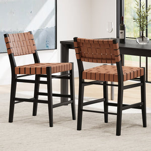English Elm Christopher Knight Home® - 24.25'' 24.25" Classic Counter Stools Set of 2 Brown PU with Braided Leather Back & Rubberwood Legs, 24.25" 74690.00BRN
