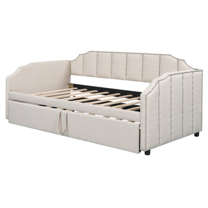 English Elm Twin Linen Upholstered Daybed with Pop up Trundle and Built in Usb Charging Beige SF000199AAA