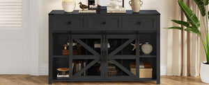 English Elm U_style Industrial Sideboard with Sliding Barn Doors Iron Mesh Panels and Three Drawers Black N711P347384B