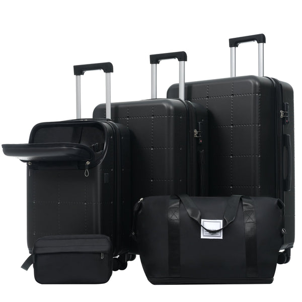 English Elm Luggage 5 Piece Hardside Abs Set with Front Access Carry on and Tsa Spinner Wheels Black N732P391557B