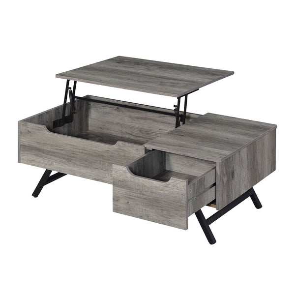 English Elm Grey Oak Rectangular Lift-Top Coffee Table with Storage Drawer, Metal Splayed Legs, Modern Rustic Appeal B062P191130