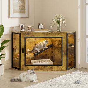 English Elm 48" Corner Mdf Cat Litter Enclosure Cabinet with Led Acrylic Door and Play Loft Tiger N704P402446D