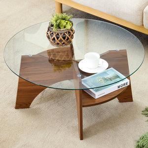 English Elm Round Tempered Glass Coffee Table with Fan Pedestal Base for Modern Living Rooms Transparent,Walnut W1151P256004