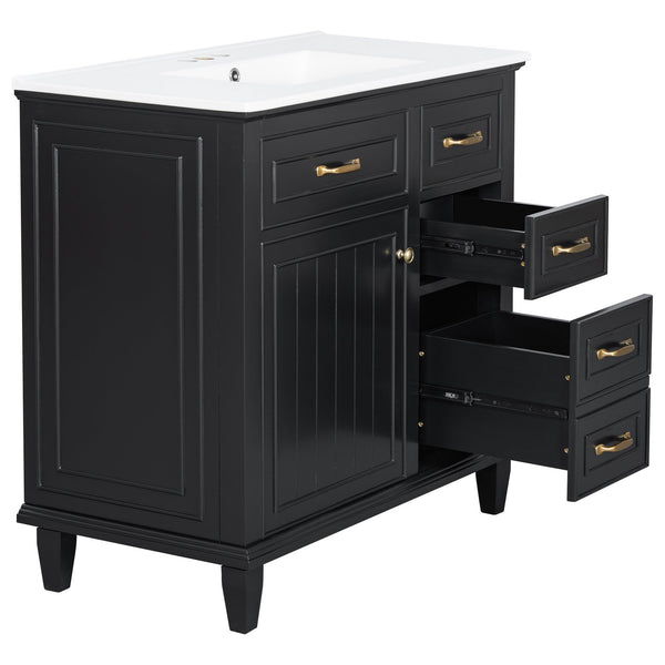 English Elm 36 Inch Bathroom Vanity With Ceramic Sink Top, Solid Wood Frame & Smart Storage Solutions For Style N725P336554B