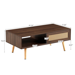 English Elm Pe Rattan Coffee Table With Sliding Storage Door, Solid Wood Legs, Modern Walnut Finish For Living Room W1265P236868-GIGA