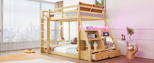English Elm Full Bunk Bed with App Led Lighting Usb Charging Storage Drawers Kids Bedroom Natural N820S00080N