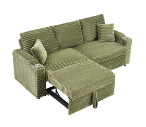 English Elm 80-inch Corduroy Folding Sofa Bed with Hidden Recline, Cup Holder & Pillows, Solid Wood Frame, 500lb Green W3356S00006