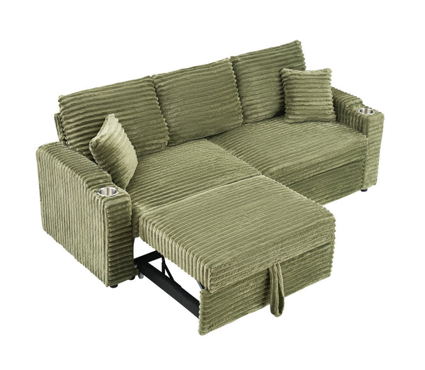 English Elm 80-inch Corduroy Folding Sofa Bed with Hidden Recline, Cup Holder & Pillows, Solid Wood Frame, 500lb Green W3356S00006