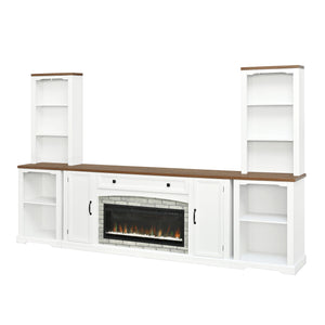 English Elm 3-piece Farmhouse Entertainment Center with Curved Cabinets Walnut Mdf Modular Living Room White N721S000072K