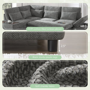 English Elm [video]107'' Chenille Sleeper Sectional with Usb Charging Storage Ottoman and Adjustable Armrest Gray N723S8782E