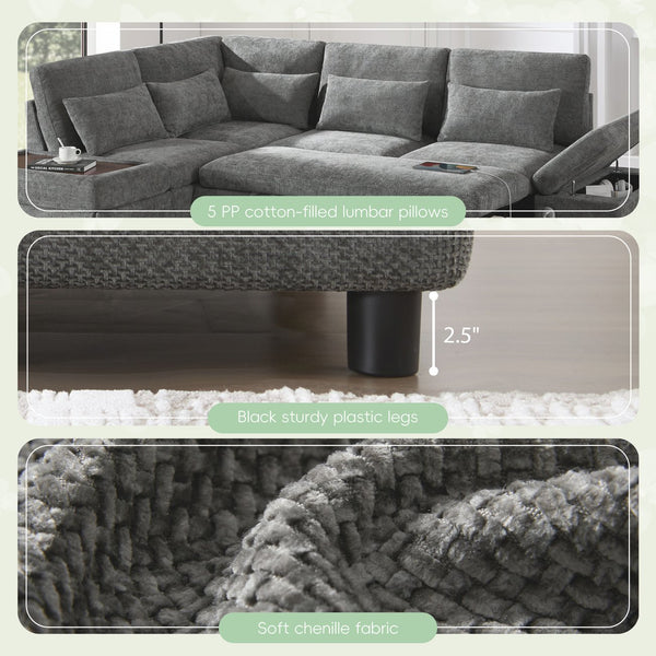 English Elm [video]107'' Chenille Sleeper Sectional with Usb Charging Storage Ottoman and Adjustable Armrest Gray N723S8782E