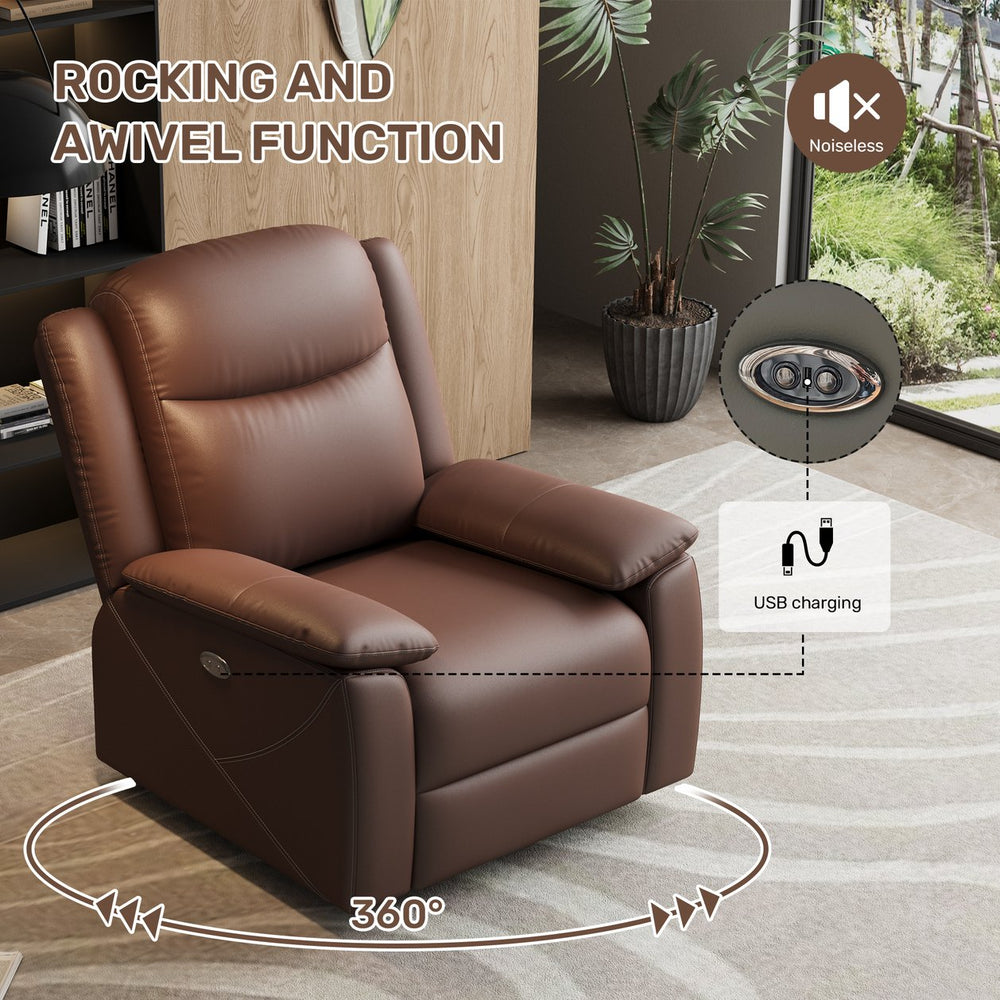 English Elm Rocker Power Recliner with USB Charging Port and 360° Swivel, Ergonomic Overstuffed Comfort Dark Brown W3795P357748