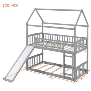 English Elm Twin Over Solid Wood House Bunk Bed with Built-in Slide and Gray Finish LT100213AAE-1
