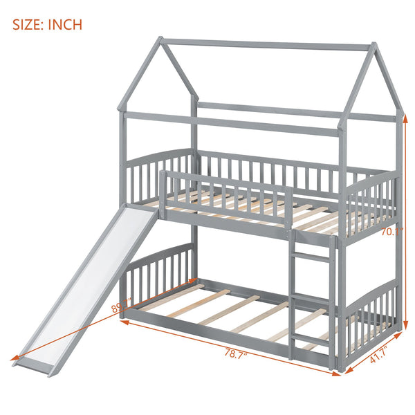 English Elm Twin Over Solid Wood House Bunk Bed with Built-in Slide and Gray Finish LT100213AAE-1