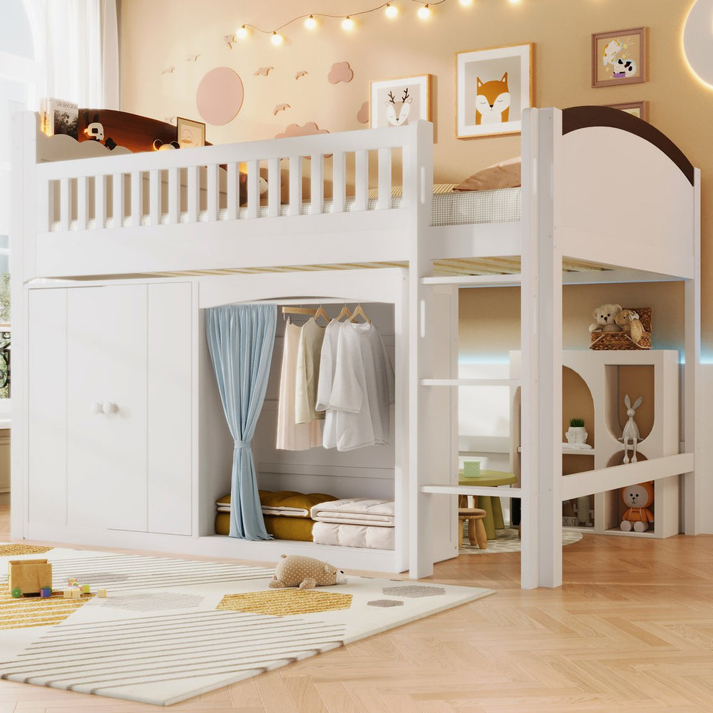 English Elm Twin Loft Bed with Wardrobe Cabinet Led Lighting and Pine Frame for Kids Rooms White N7090002236K