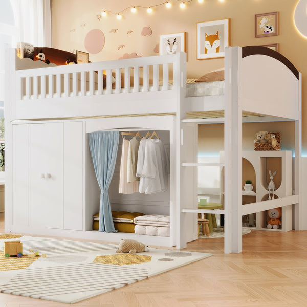 English Elm Twin Loft Bed with Wardrobe Cabinet Led Lighting and Pine Frame for Kids Rooms White N7090002236K