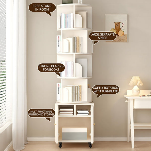 English Elm Rotating 360-Degree 5-Tier Corner Bookshelf With Drawer - Space-Saving Storage For Small Rooms W2641P329223-GIGA