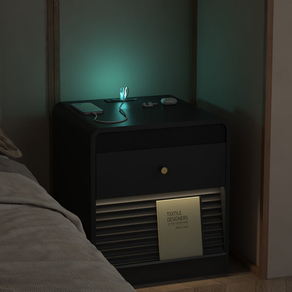 English Elm Nightstand Smart Bedside Cabinet with Led Strip Charging Station and Voice Night Light Black W1321P413943