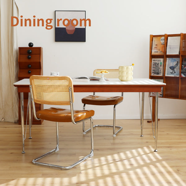 English Elm Dining Chairs Set of 4 Velvet Seat Woven Rattan Back Chrome Cantilever Frame Brown W2105S00006