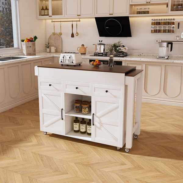 English Elm 74.8" Rolling Kitchen Island Extendable Marble Veneer Top with Power Outlet and Storage W2700S00105