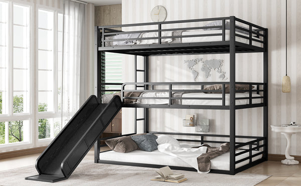 English Elm Full Triple Bunk Bed With Slide - Heavy-Duty Metal Frame, Noise-Reducing Design, Black Finish W1580S00171