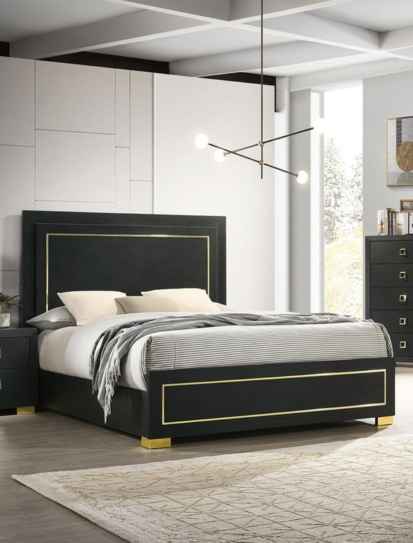 English Elm Contemporary Queen Bedroom Set Matte Black Wood Gold Legs Led Headboard Nightstands B2741S00157