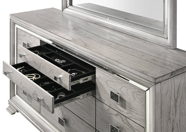 English Elm Contemporary Light Gray Brown 6-Drawer Mirrored Dresser with Faux Crystal Pulls — Glam Solid Wood Chest B011P216681