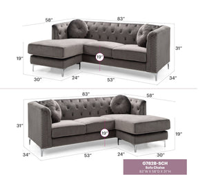 English Elm Sophisticated Velvet Dark Gray Sofa Chaise with 24" Deep Seat, Sloped Arms, Seats Four, Easy Assemble B078S00069