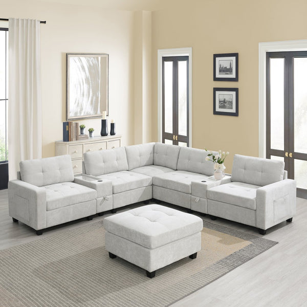 English Elm [new U-shaped Chenille Sectional Six Seat Tufted Couch with Usb Charging Storage Light Gray N723S1191K