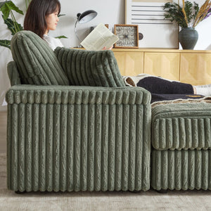 English Elm 84Inch Corduroy sofa with deep seats, 3 back pillows, 2 toss pillows, ottomans, cup grooves, storage Army Green W834S00355