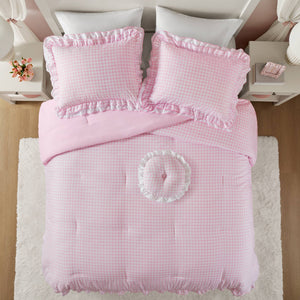 English Elm 4-piece Gingham Ruffle Comforter Set Romantic Cottage Bedroom Brushed Polyester Fill Pink B035P463188