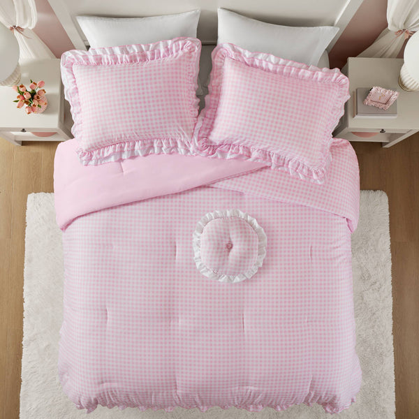 English Elm 4-piece Gingham Ruffle Comforter Set Romantic Cottage Bedroom Brushed Polyester Fill Pink B035P463188